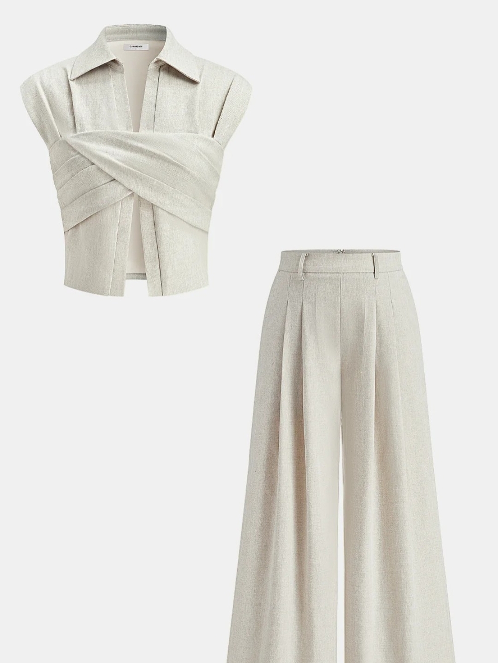 Light Cream Draped Crop Top & Wide Leg Pants Set